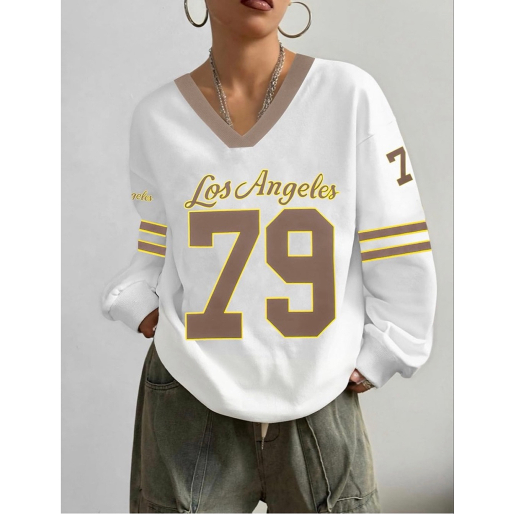 NEW Oversized Jersey Shirt V Neck Sweatshirt Graphic Pullover M